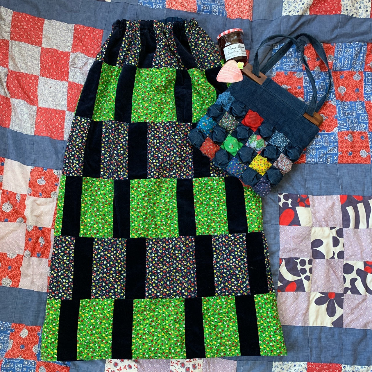 velvet patchwork maxi skirt (XS) + matching purse